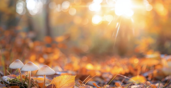 Mushroom Growing in Autumn Forest With Colorful Leaves and Soft Bokeh Lights photo