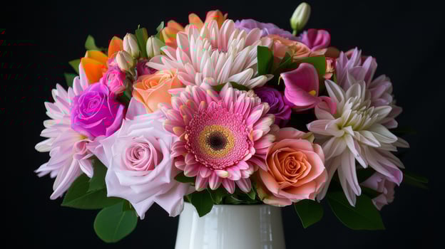 Vibrant Mixed Bouquet With Roses, Gerbera Daisies, and Lilies on Black Background photo
