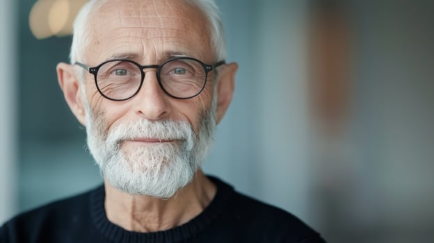 Elderly Man With Glasses Smiling in Modern Indoor Setting photo