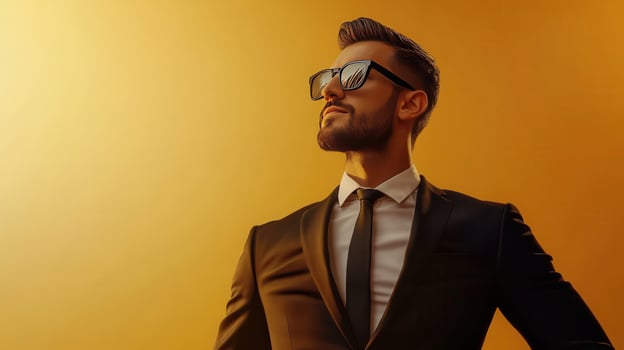 Confident Man in Elegant Suit With Sunglasses Posing Against Vibrant Golden Sunset Background photo