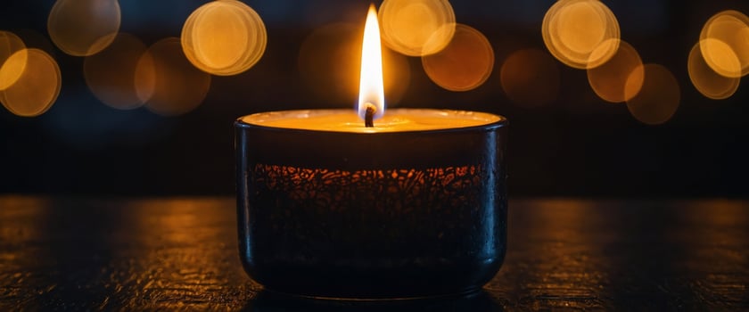 A candle burns on a dark table, symbolizing peace. photo
