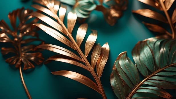 Art Deco Tropical Leaves Wall Art in Teal and Bronze Shines with Jazz Clubs Sophisticated Light. photo