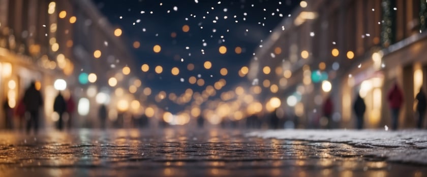 Beautiful blurred street of festive night or evening city with snowfall and Christmas lights Abstract christmas defocused background. photo