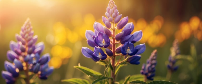 Beautiful lupine flower on a golden background morning sunrise macro Colorful bright artistic image with a soft focus. photo