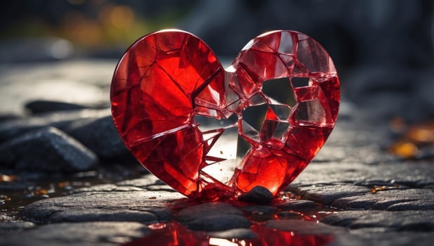 Broken red glass heart with hole on it on a cracked stone. photo
