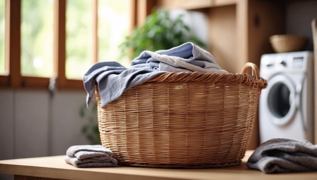 Closeup wicker laundry basket on the table of the laundry room or kitchen with towels, clothes and detergents. photo