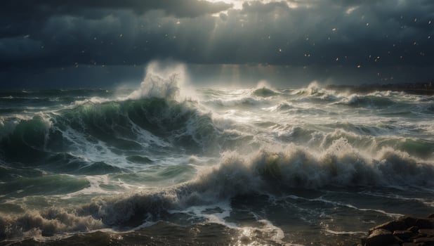 Deluge, great flood A huge wave hits the shore Illustration Biblical Scene. photo