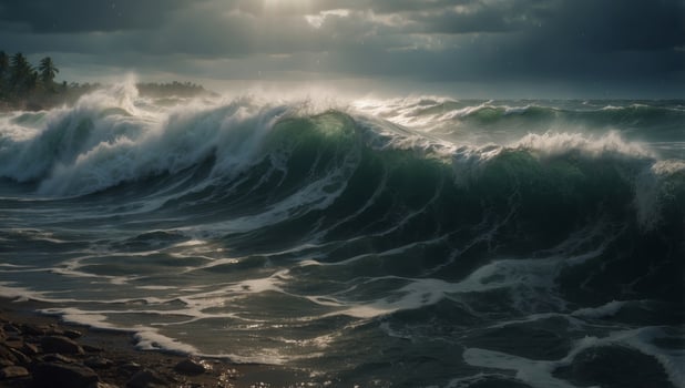 Deluge, great flood A huge wave hits the shore Illustration Biblical Scene. photo