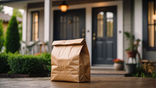 Delivery paper bag in front of house, food delivery concept. photo