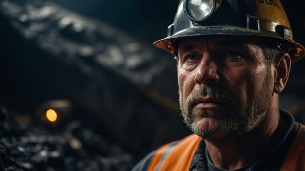 Focused coal miner at work with hardhat and headlamp in a mine. photo
