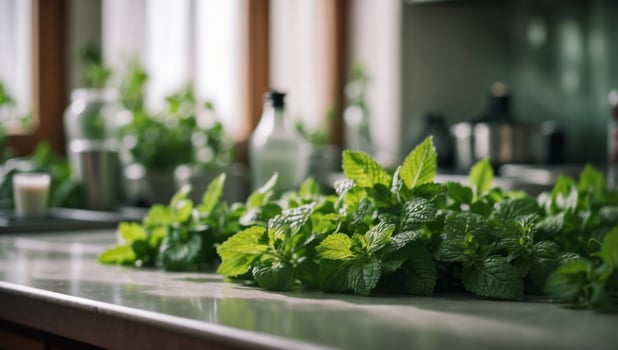Fresh Mint Leaves Basking in Natural Light on a Sleek Kitchen Counter. photo