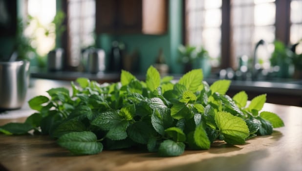 Fresh Mint Leaves Basking in Natural Light on a Sleek Kitchen Counter. photo