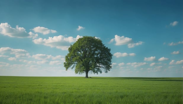 Green meadow and lonely tree on blue sky background with copy space. photo