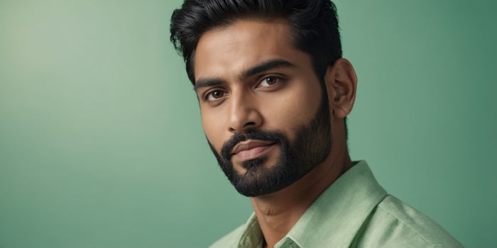 Handsome Indian Man s Face in Softcream Cosmetics Advertising Banner with Mint Green Background. photo