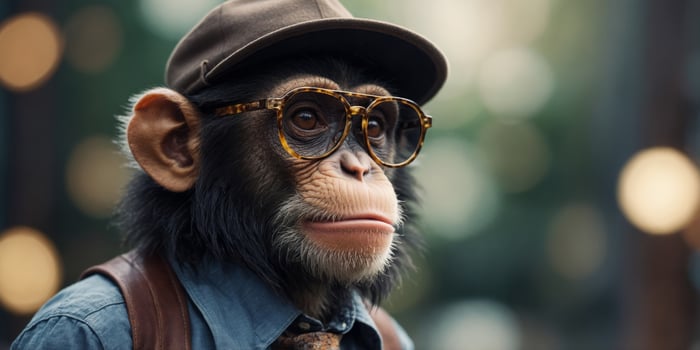 Illustration of a hipster monkey wearing eyeglasses, a hat and a shirt Elegant gentleman chimp with fashion clothes. photo