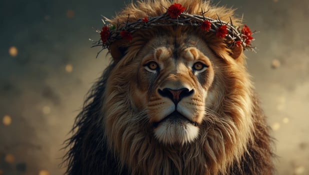 Lion head with crown of thorns Jesus, the Lion Illustration on light background. photo