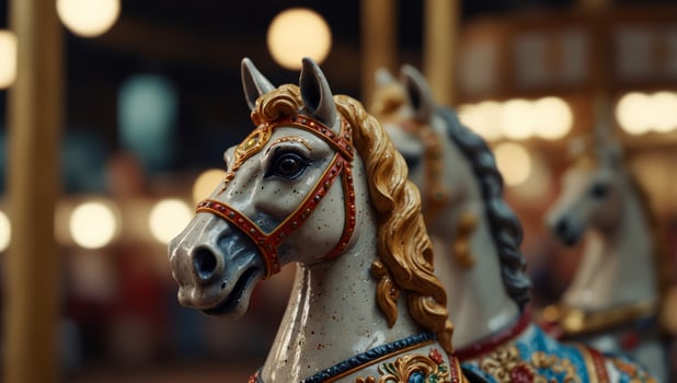 Merry go round horses carousel close up view with copy space. photo