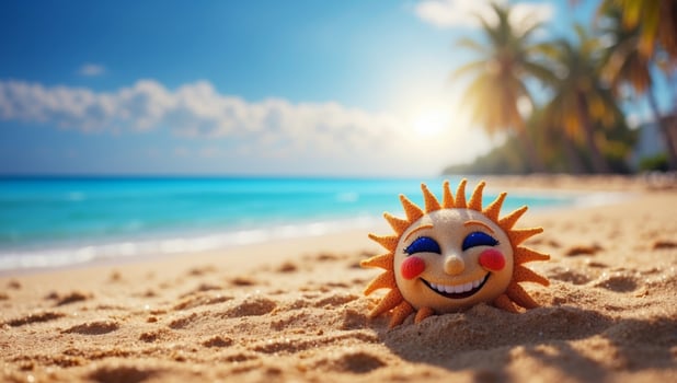 Smiling sun on the sand on tropical beach with blue water of sea or ocean with space for copy. photo