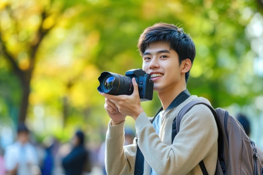 A handsome Asian male college student is holding camera and taking photos in the park.