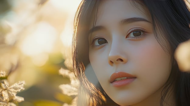 A serene young woman gazes thoughtfully amidst blooming wildflowers during dusk photo