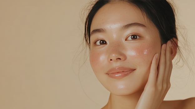 A woman gently touching her cheek, showcasing her glowing skin and natural beauty photo