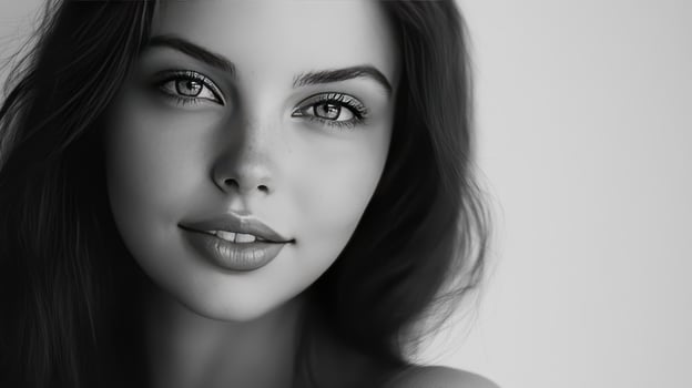 A stunning woman gazes softly with striking features and expressive eyes photo