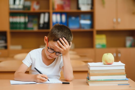 School boy in classroom at lesson photo