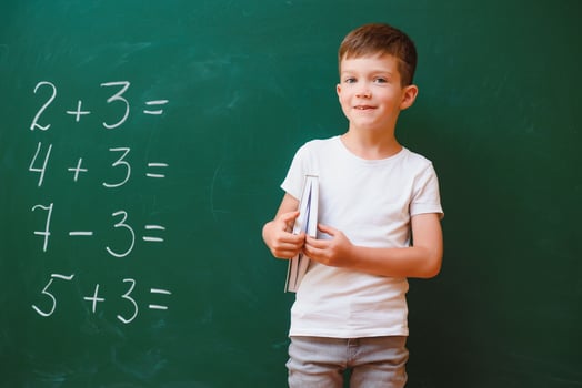 Funny schoolboy near the green school board in the classroom. Elementary school. Back to school. photo