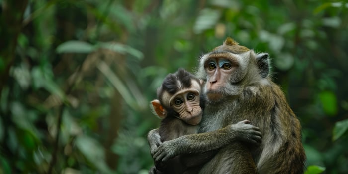 Mother macaque and baby resting in lush forest environment photo