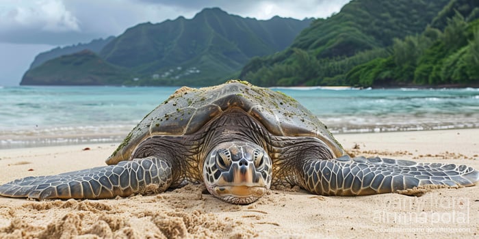 Sea turtle relaxing on sandy beach with lush green mountains photo