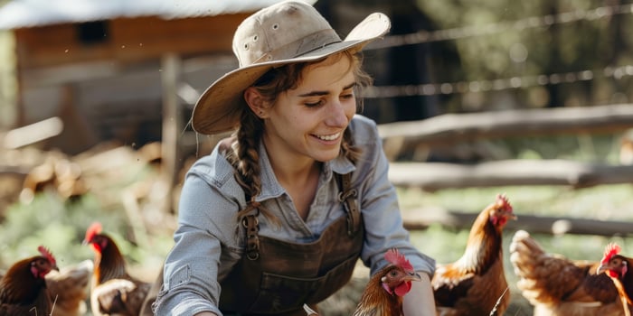 Female farmer tending to chickens on a sunny farm photo
