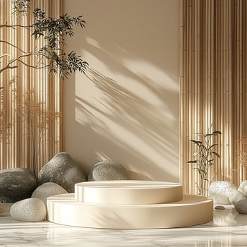 Minimalist beige podium background for e-commerce, natural bamboo, rocks, product display, 8k, high definition, Realistic photography photo