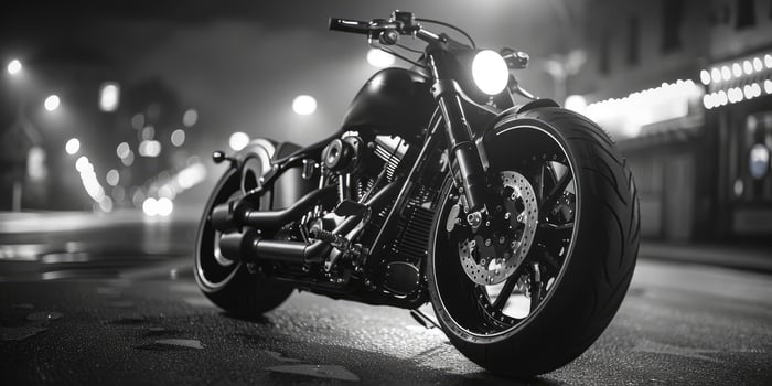 A stunning motorcycle parked on a rural road at sunset, highlighting its metallic parts against a dramatic sky, symbolizing freedom and adventure in a modern, artistic style. photo