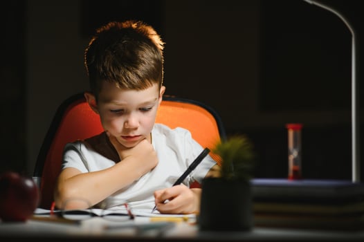 boy doing homework at home in evening photo