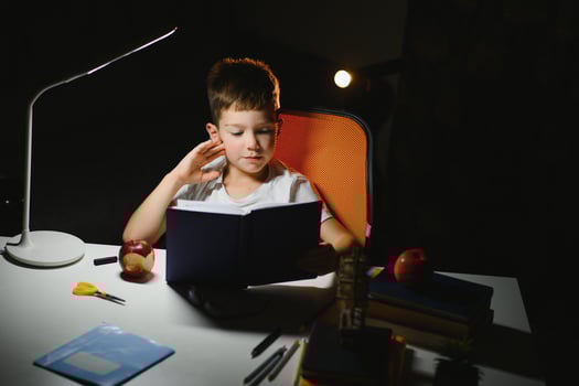 Boy learn lessons in the home setting at the table in the light of a table lamp. photo