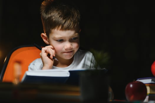 concentrated schoolboy reading book at table with books, plant, lamp, colour pencils, apple, and textbook photo