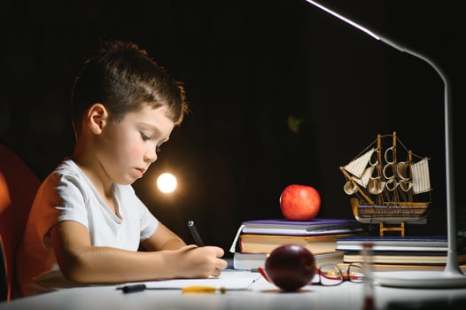 boy doing homework at home in evening photo