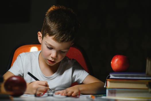 Boy learn lessons in the home setting at the table in the light of a table lamp. photo