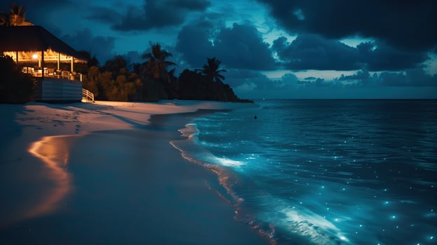 Bioluminescent glowing beach and sea at night. photo