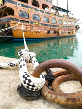 Close-up of mooring cable node of ship, holding moored vessel, symbol of reliability, vertical frame. photo