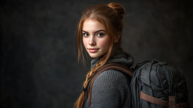 A young woman poses confidently with a braided hairstyle and a backpack in a studio photo