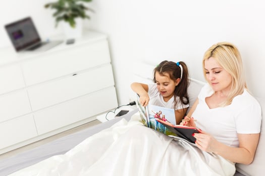 Cute little girl and her mother lying on a bed photo