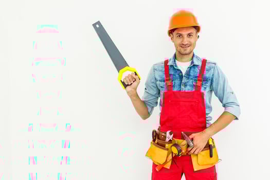 Young construction workers with hard hats on a white background photo