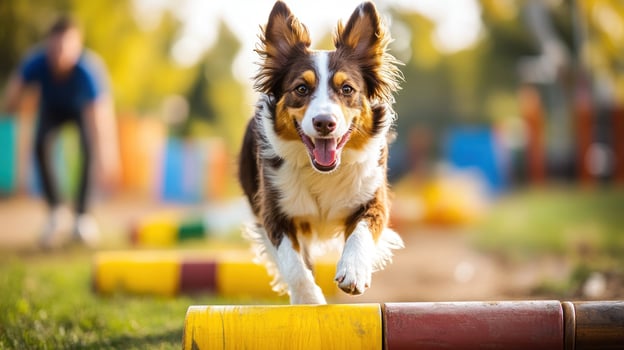 Happy dog running through agility course in park. photo