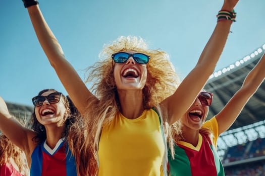 Three female friends raising arms and cheering at stadium photo
