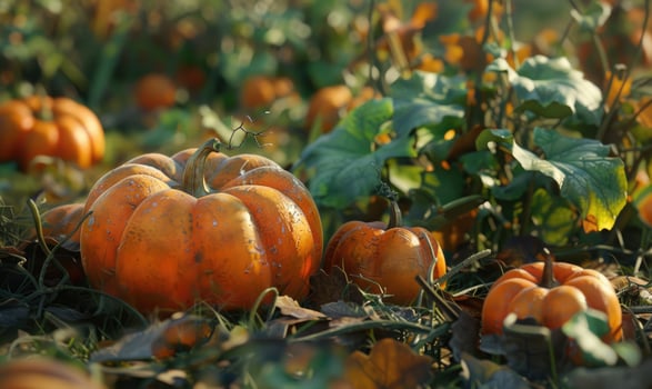 A photorealistic close-up of a large pumpkin sitting on the soil photo