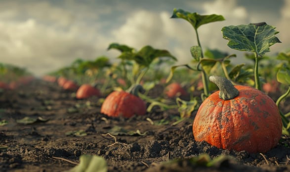 A close-up of bright orange pumpkins growing on a vine photo