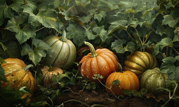 A photorealistic close-up of a cluster of pumpkins of various sizes nestled among thick green foliage photo