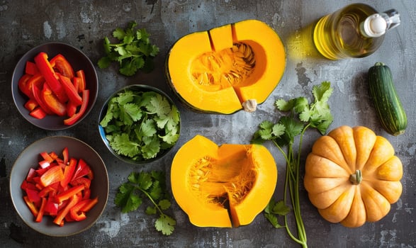 A top-down view of a rustic wooden table with fresh cilantro, halved pumpkin photo