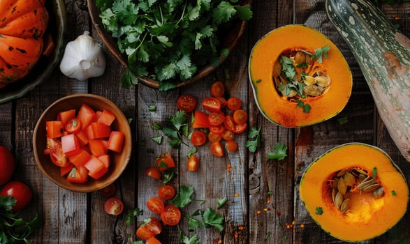 A top-down view of a rustic wooden table with fresh cilantro, halved pumpkin photo